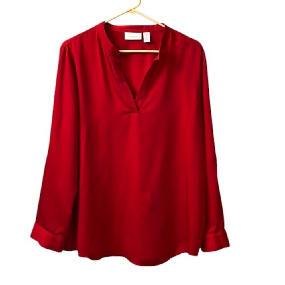 Chico's Shiny Red Split Neck Long Roll-Tab Sleeeve Popover Blouse NWOT